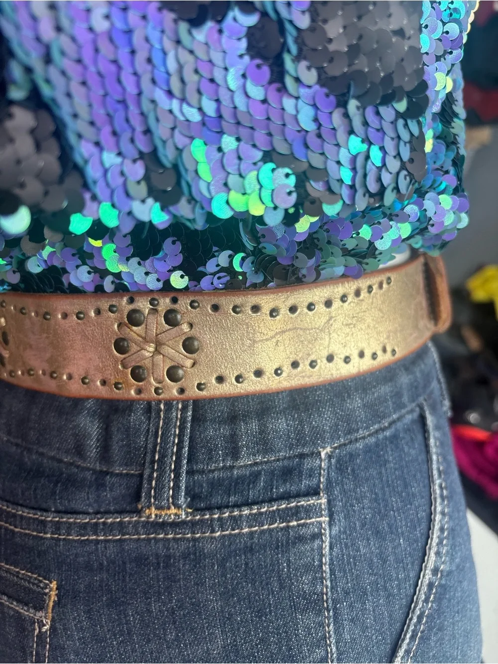 Vintage Y2K Fossil Metallic Gold Perforated Leather Belt